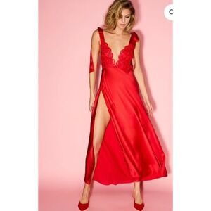 Victoria's Secret Red Bow‎ Embroidery Plunge High Leg Satin Nightgown Size XL